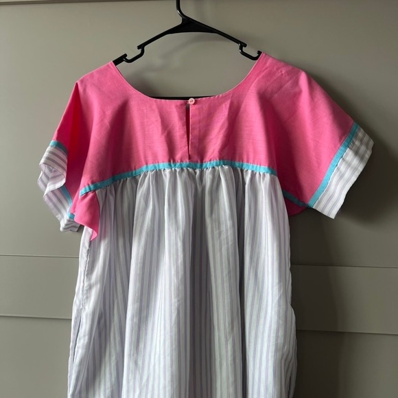 Vintage Pink White Striped MuuMuu Midi Dress Medium Short Sleeve Hawaiian - Picture 5 of 12